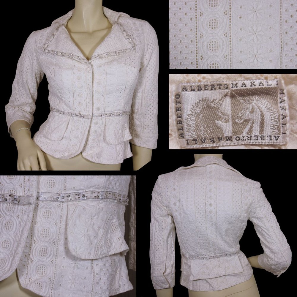 Vintage Y2K ALBERTO MAKALI Blazer Jacket Eyelet Made USA White Preppy Fairycore